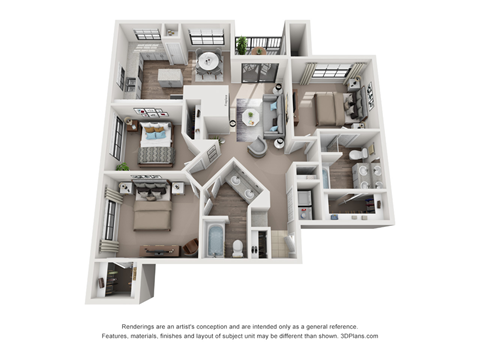 Floor plan for 3 beds, 2 baths, 1302 sqft